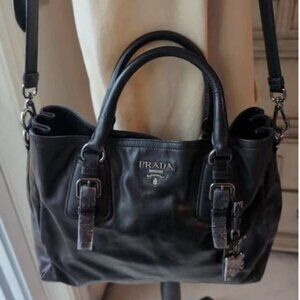 AUTHENTICATED PRADA 2WAY CALFSKIN BAG BLACK SILVER HARDWARE EUC